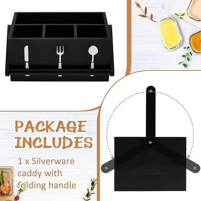 Geetery Acacia Utensil Caddy Silverware Caddy with Handle Wooden Multipurpose Countertop Flatware Napkin Utensil Organizer for Party Picnic Kitchen Trip, 9.1 x 5.9 x 4.5 in(Black)