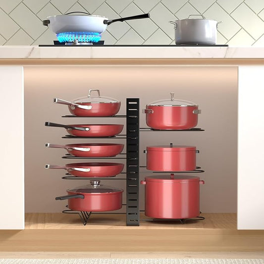 Pots and Pans Organizer for Under Cabinet, 8 Tier Adjustable Pot Organizer Rack for Under Cabinet, With Drain Tray Placeable Cookware Organizer Baking Cookie Cutting Board, 3 DIY Pot Rack Organizer