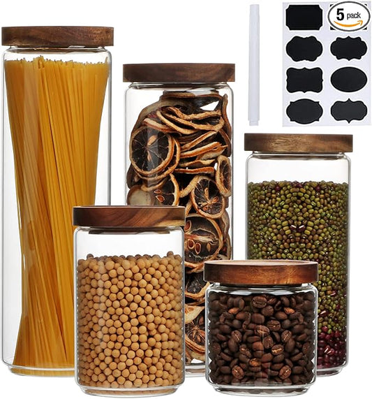 Glass Canisters With Wooden Lids Kitchen Jars for Storage,Tea,Sugar and Coffee Container Set,Set of 5 Canisters for Candy, Cookie, Rice and Spice Jars