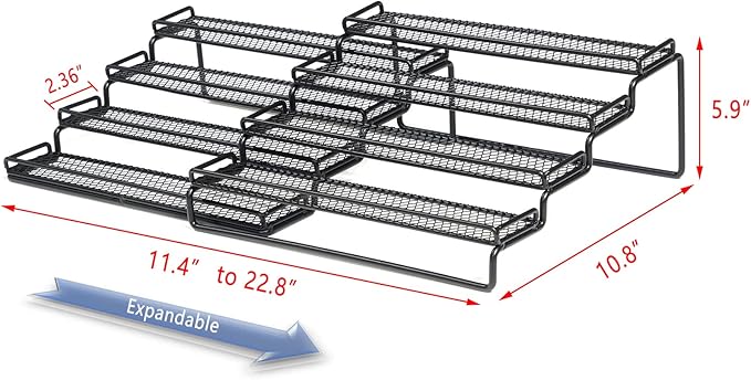 MEIQIHOME 4 Tier Expandable Spice Rack Organizer (11.4 to 22.8 Inch) Step Shelf Spice Storage Holder, for Kitchen Cabinet Countertop Cupboard Pantry, Metal, Black