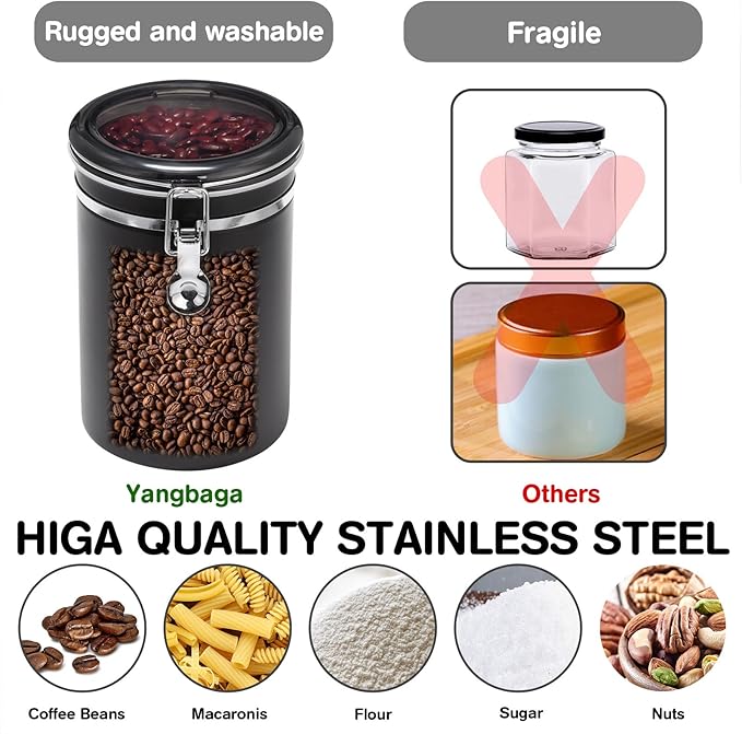 Yangbaga 2x63OZ Sugar Coffee Canisters with Shelf, 304 Stainless Steel Coffee Station Container for Ground Coffee Bean Storage with Airtight Locking Clamp&Scoop, Cereal Containers Storage for Kitchen