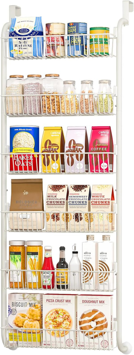 Over the Door Pantry Organizers and Storage, 6-Tier Spice Rack, Home & Kitchen Storage Shelves for Cabinet, Large Capacity Hanging Seasoning Organizer, Laundry Room Organization, White
