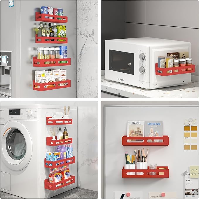 4 Pack Magnetic Spice Rack for Refrigerator, Spice Rack Organizer, Moveable Magnetic Shelf Fridge Organizer with 4 Hooks for Kitchen and Oven Organization,Red