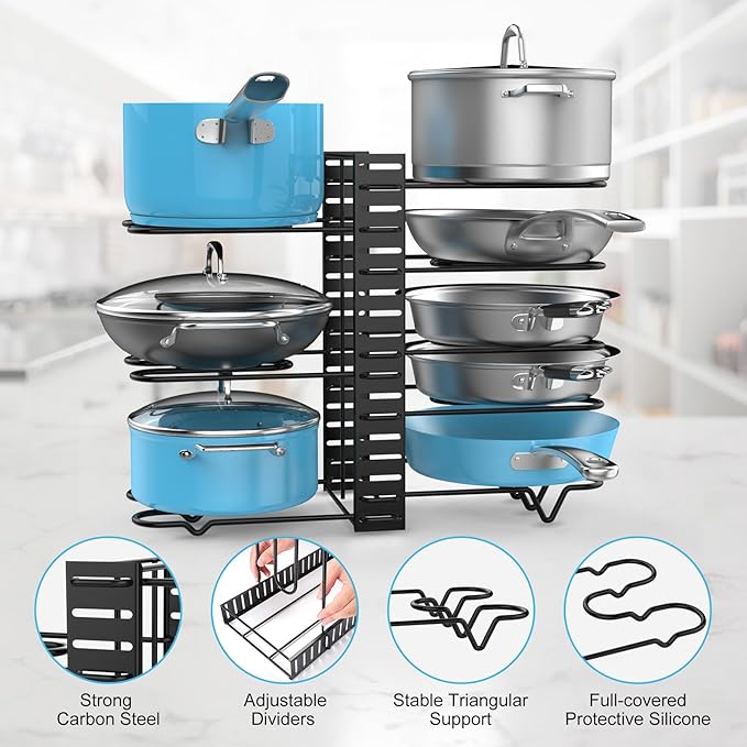 Pot and Pan Organizer Under Cabinet, 8 Tier Adjustable Pot Organizers Inside Cabinet with 3 DIY Methods, Upgraded Pan Storage Rack with Full Covered Anti-Slip Silicone, Black