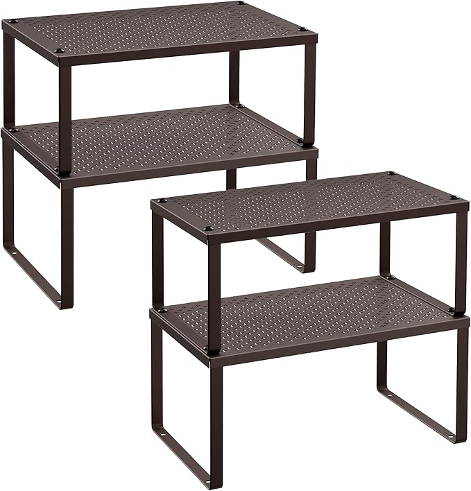 SONGMICS Spice Racks, Cabinet Shelf Organizers, Shelf Organizers, Countertop Organizers, Shelf Risers, Stackable, Expandable, Set of 4 Metal Kitchen Counter Shelves, Brown UKCS06BR