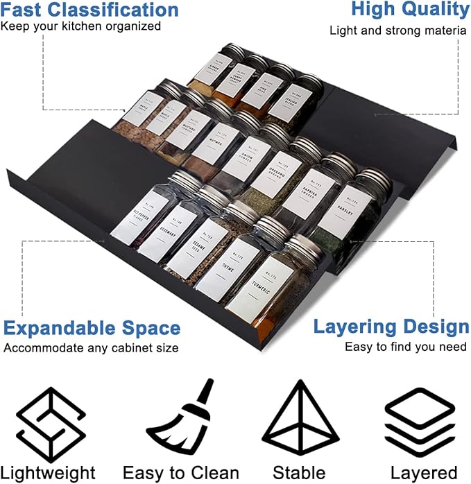 Expandable Spice Drawer Rack Organizer Insert for Kitchen Cabinet - Multi Tier Adjustable Spice Storage Shelf for Seasoning and Jar, Pack of 6