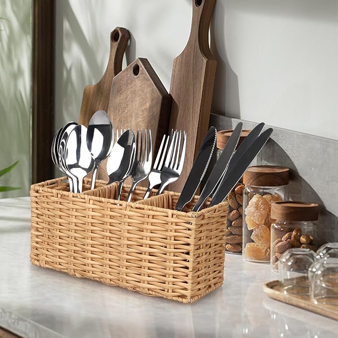 Ayiaren Wicker Flatware Silverware Caddies Cutlery Holder Best Kitchen Silverware Organizer Storage for Countertop Silverware Utensils Holder Party Spoon Knives Fork Holder Flatware Utensil Caddy