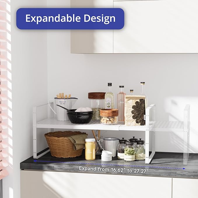 Expandable Kitchen Shelf Organizers, Kitchen Cabinet Organizer Stand Rack Organization for Countertop Cupborad Pantry, White 1 Pack