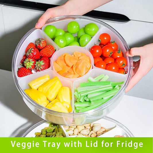 2 Pack Veggie Tray with Lid for Fridge, Clear Divided Serving Tray with Dip Snackle Box Container 6-Compartment Snack Storage for Party, Reusable Dinner Fruit Platter for Refrigerator Organizer Bins