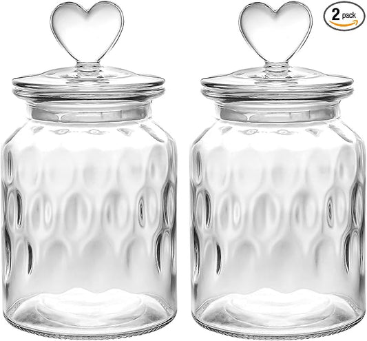 WHJY Set of 2 Airtight Glass Jars Decorative Jars, 32oz Jar of Hearts Cute Cookie Jar Decorative Jars with Lids Candy Jars for Candy Buffet Heart Shaped Lid - Drops Textured