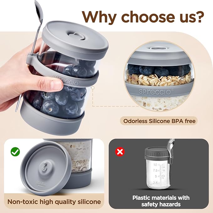 Glass Overnight Oats Containers with Lids of Silicone and Spoon 16 oz [2 Pack], Airtight Overnight Oats Jars with Silicone Lid, For Yogurt Containers Chia Pudding Jars Snack Spice (Grey)