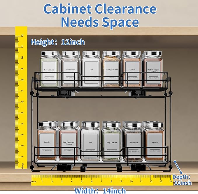 2-Tier Pull Out Spice Rack Organizer for Cabinet, Spice Rack Organizer, Height Adjustable Heavy Duty Metal Basket for Inside Cabinets & Pantry (13.5''Wx10.5''Dx9.5''H)