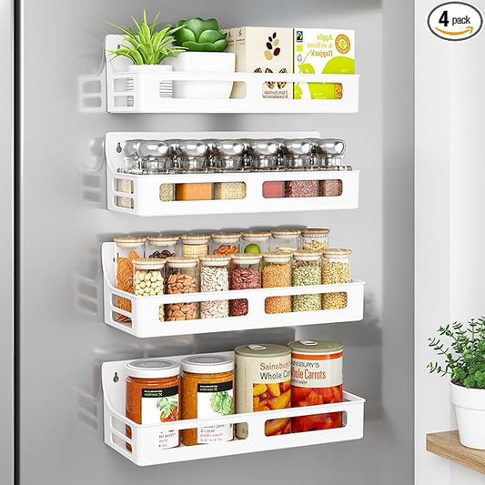 Magnetic Spice Rack for Refrigerator, 4 Pack Premium Plastic Spice Rack Organizer,Magnetic Fridge Shelf Seasoning Rack,Perfect Kitchen Organization and Storage (White)