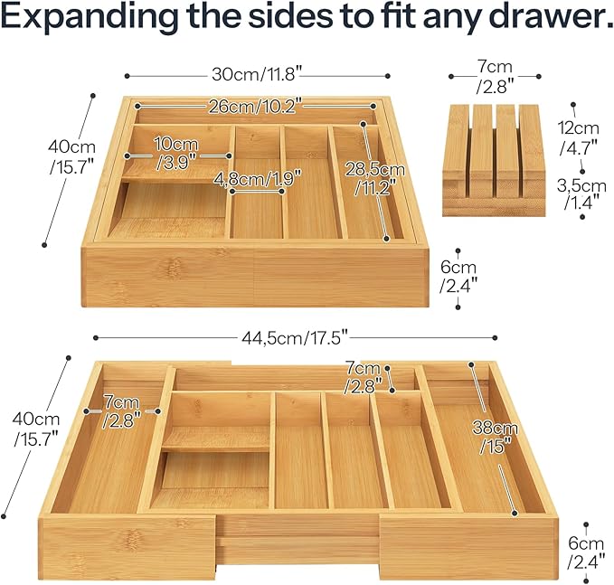 HOOBRO Silverware Organizer Kitchen Drawer Organizer, Expandable Utensil Drawer Organizer, with 2 Knife Block, Bamboo Cutlery Tray with Divider for Flatware and Kitchen Utensils, Natural YL06TL01