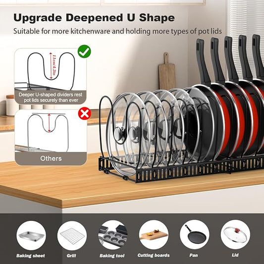 Pot and Pan Organizer Rack for Cabinet, Expandable Pot Lid Organizer Holder with 14 Adjustable Dividers, Fully Expanded Size 22.83" W x 7.09" D x 7.09" H, Black