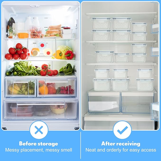 6 Pcs Fruit Storage Containers for Fridge, Food Storage Containers Berry Produce Fridge Organizer with Removable Colander Keep Fruits, Vegetable, Veggie, Meat Fresh Longer(Medium, Small)