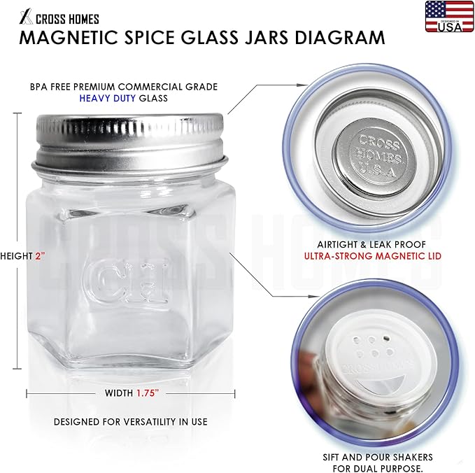 Magnetic Empty Small Hexagon Glass Spice Jars 20 Sets With Lids, Shaker, Board, Labels - DIY Spice Tins/Rack for Refrigerator, Fridge, Cabinet, Wall Mount
