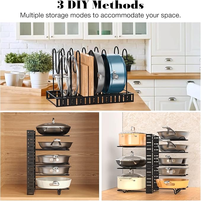 Pot and Pan Organizer Under Cabinet, 8 Tier Adjustable Pot Organizers Inside Cabinet with 3 DIY Methods, Upgraded Pan Storage Rack with Full Covered Anti-Slip Silicone, Black
