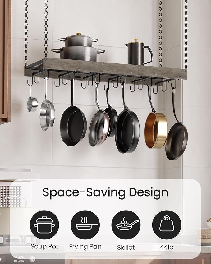 Hanging Pot Rack, Ceiling Wall Mounted Pot Rack for Kitchen, Industrial Style Pot Hanger with 18 Hooks, Cookware Storage Organizer, for Pots and Pans, Greige and Black TPR12BGC1