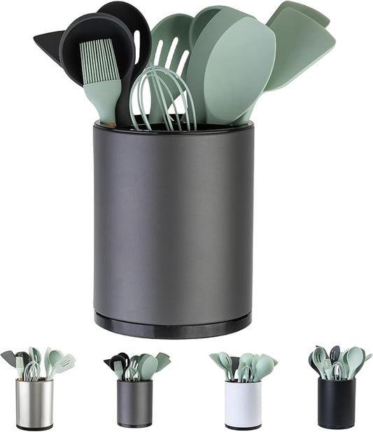 Kitchen Utensil Holder Extra Large 360°Rotating For Counter Organizer Stainless Steel Storage Cooking Silverware Caddy 3 Compartment Flatware Spoon Spatula Tool Cutlery Container (Grey)