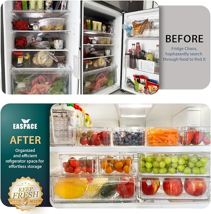 10-Pack Clear Fridge Organizer Bins with Lids & Drainage Holes, Stackable Container Set, BPA-Free Plastic Refrigerator Storage Containers for Food, Fruits, Vegetables, Meats (Multi-Purpose Storage)