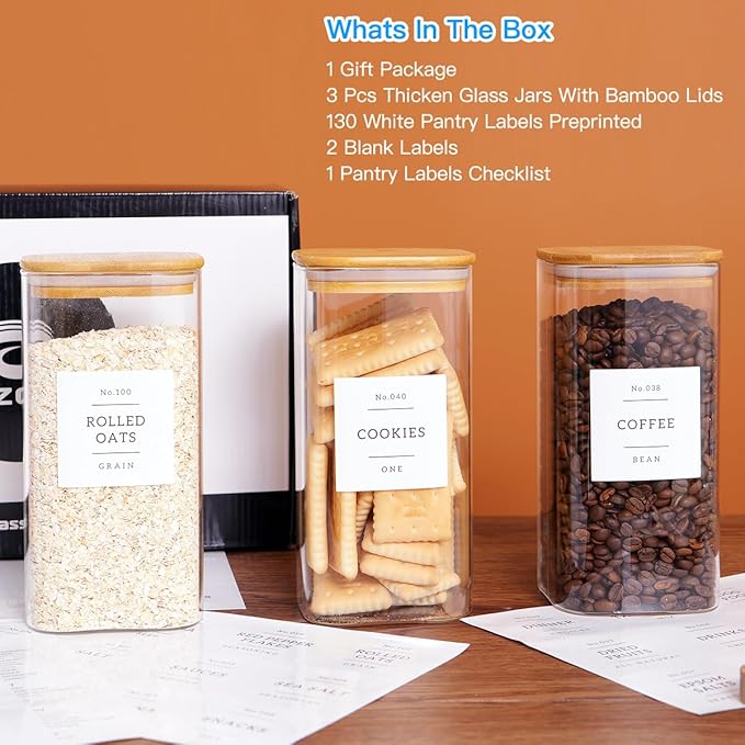 3 Pack Square Glass Kitchen Storage Jars with Airtight Bamboo Lids and 132 Pantry Labels - 54oz Glass Canisters with Wood Lids - Glass Food Storage Containers for Sugar, Rice, Pasta, Cereal