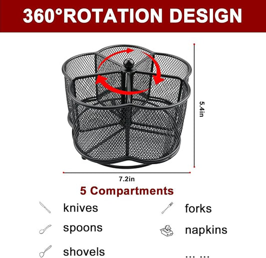 360° Rotating Silverware Utensil Caddy Holder - 5 Compartment Whirling Utensil Holder Kitchen Countertop Organizer for Spoon Fork Flatware Storage for Home or Outdoor Picnic Camping
