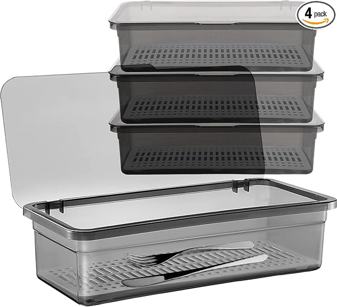 SUNSHNO 4PCS Flatware Tray with Lid and Drainer, Tableware Utensil and Cutlery Drawer Organizer with Lid Covered Silverware Tray to Keeps Your Cutlery Organized and Protected