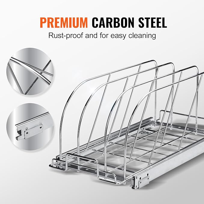 VEVOR Pan and Pot Rack, Expandable Pull Out Under Cabinet Organizer, Cookie Baking Pans tray Organization, Adjustable Wire Dividers, Steel Lid for Kitchen Cabinet & Pantry, 9.5"W