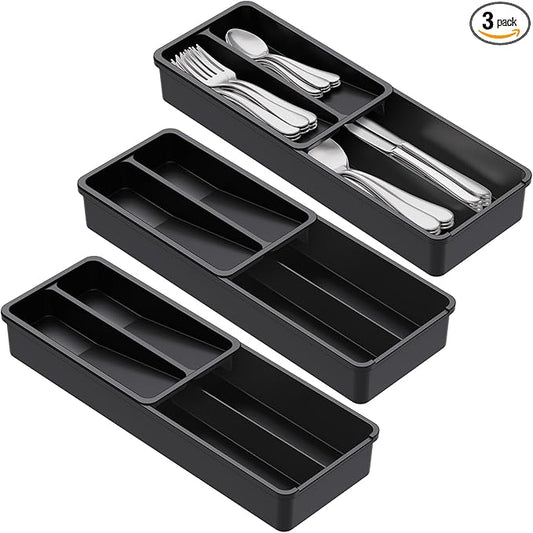 Lifewit Compact Silverware Organizer for Kitchen Drawer, Narrow Flatware Tray Holder, Plastic Cutlery Spoons, Forks and Knives Storage, Black, 3 Pack