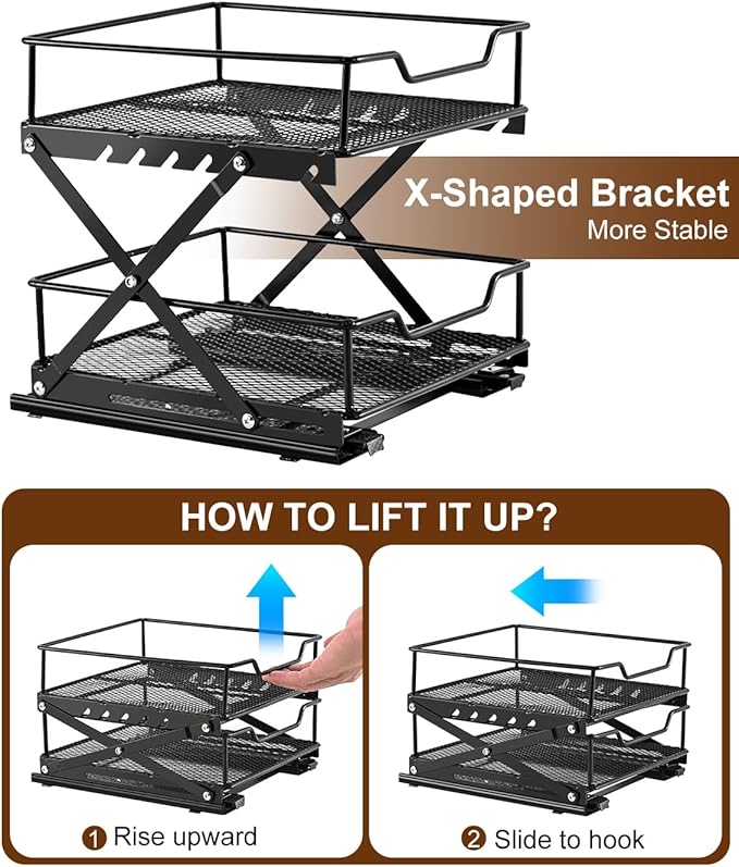 Sliding Spice Rack Organizer for Cabinet, 2-Tier Spice Cabinet Pull Out Rack, Adjustable Height Kitchen Sliding Racks for Cabinets, 6.2”-11.8”H × 8.2”W x 9.8”D