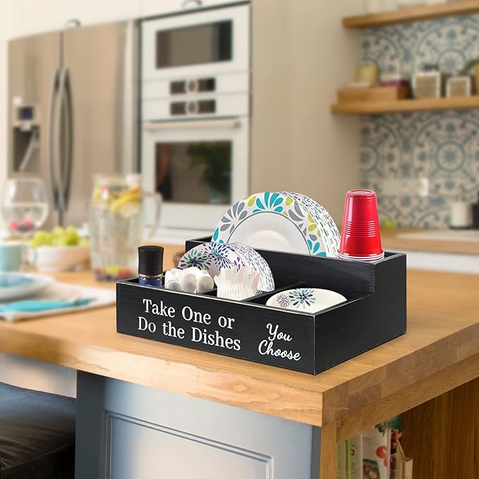 Paper Plate Holder for Kitchen Counter, Paper Plates Organizer with Large Cup Holder,Wooden Plates Dispenser Caddy,Disposable Plate Cup Napkin Dispenser Box (Black)