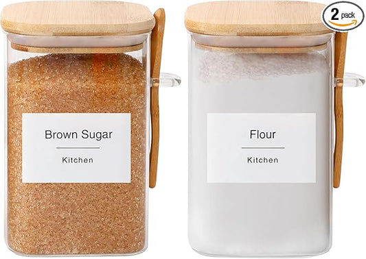 Flour and Sugar Containers - 34 oz Glass Jar with Bamboo Lid and Spoon, Sugar Holder and Canister for Countertop, Glass Containers for Coffee Beans, Tea, Flour, Nuts, Candy and Cookie (Set of 2)
