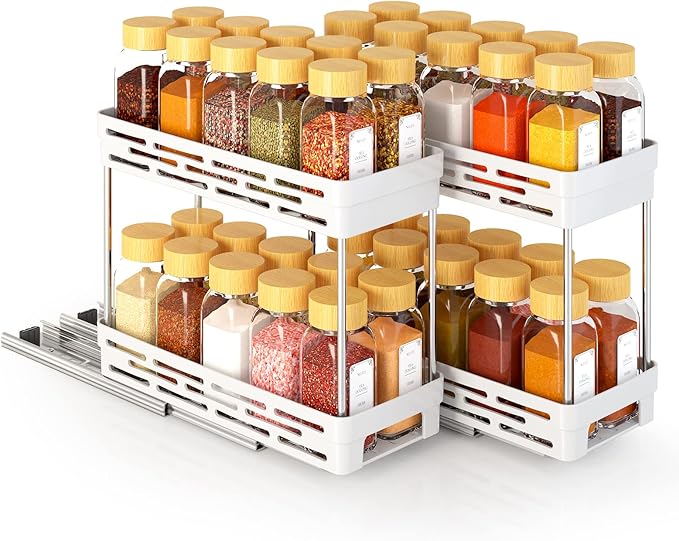 2-Pack Pull-Out Spice Rack Organizer for Cabinet, Slide-Out Rack, Easy to Install, 4.4"W x 10.5"D x 8"H, Holds 10 Spice Jars Each - 2 Tier, White
