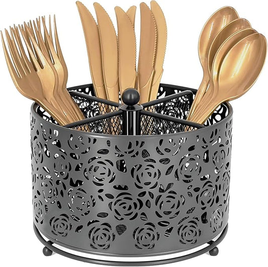 360° Rotating Metal Silverware Caddy - 4 Compartment Utensil Cutlery Holder Fork Spoon Napkin Organizer Flatware Storage Basket Party Countertop Buffet Picnic Camping Outdoor (Black)