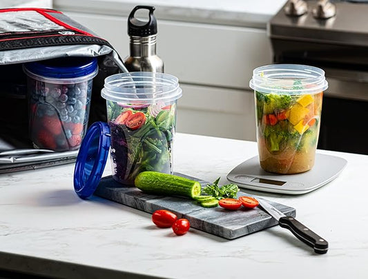 Twist Top Deli Containers Food Storage Containers Blue Screw on Lid Reusable Stackable Leakproof Airtight, pack of 10-32 oz containers