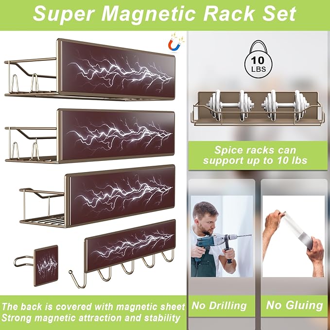 Magnetic Spice Rack for Refrigerator, 9 Pack Magnetic Fridge Shelves W/Adjustable Paper Towel Holder, Hook Rack, Moveable Spice Organizer Shelf for Kitchen Organization and Storage (Brown)