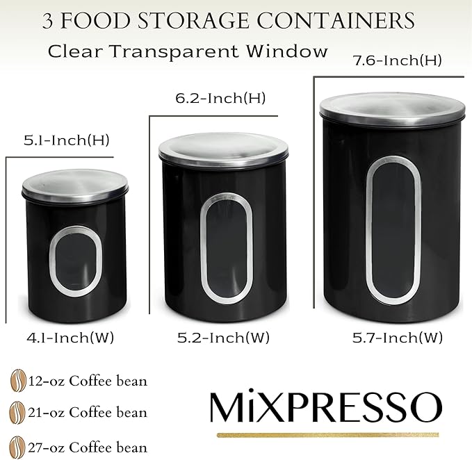 Mixpresso 3 Piece Black Canisters Sets For The Kitchen, Kitchen Jars With See Window, Airtight Coffee Container Tea Organizer & Sugar Canister, Kitchen Canisters Set of 3 Black Kitchen Décor