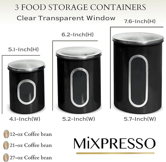 Mixpresso 3 Piece Black Canisters Sets For The Kitchen, Kitchen Jars With See Window, Airtight Coffee Container Tea Organizer & Sugar Canister, Kitchen Canisters Set of 3 Black Kitchen Décor