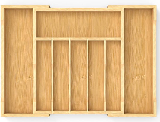 Bamboo Kitchen Drawer Organizer, 13" to 23" Expandable Utensils Organizer and Cutlery Tray Holder, Drawer Divider for Silverware, Flatware