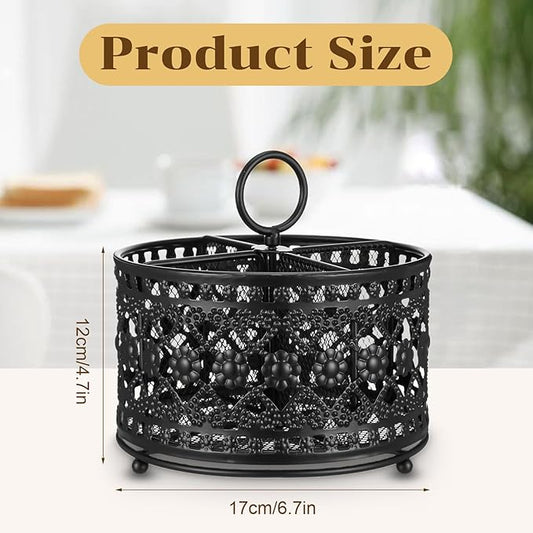 360° Rotating Utensil Caddy Countertop - Cutlery Silverware Caddy Holder with 4 Compartment - Higher Raised Flatware Organizer with Handle for Party Kitchen Counter Office Black