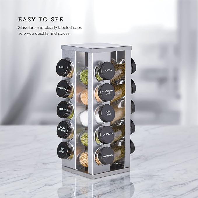 Kamenstein 20 Jar Heritage Revolving Countertop Spice Rack Organizer with Spices Included, FREE Spice Refills for 5 years, Brushed Stainless Steel with Black Caps