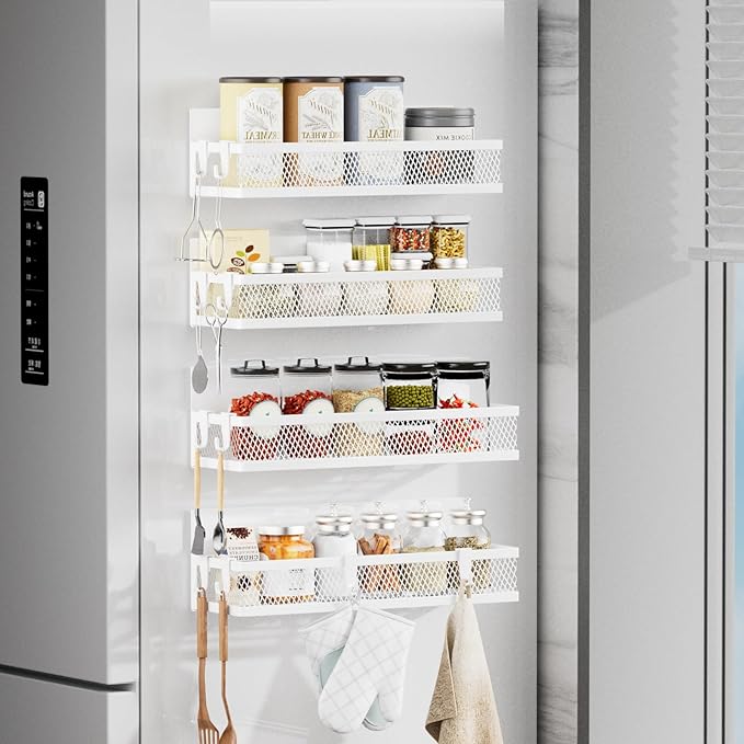 Magnetic Spice Rack for Refrigerator, 4 Pack Magnetic Shelf for Refrigerator,Moveable Fridge Magnetic Spice Racks with 10-Hook Rack for Kitchen Organizers and Storage