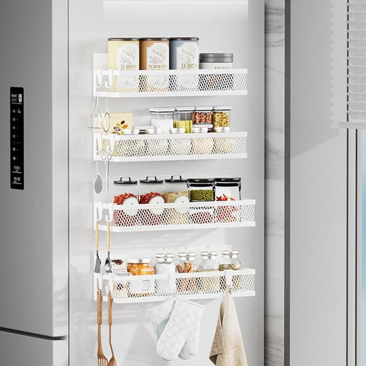 Magnetic Spice Rack for Refrigerator, 4 Pack Magnetic Shelf for Refrigerator,Moveable Fridge Magnetic Spice Racks with 10-Hook Rack for Kitchen Organizers and Storage
