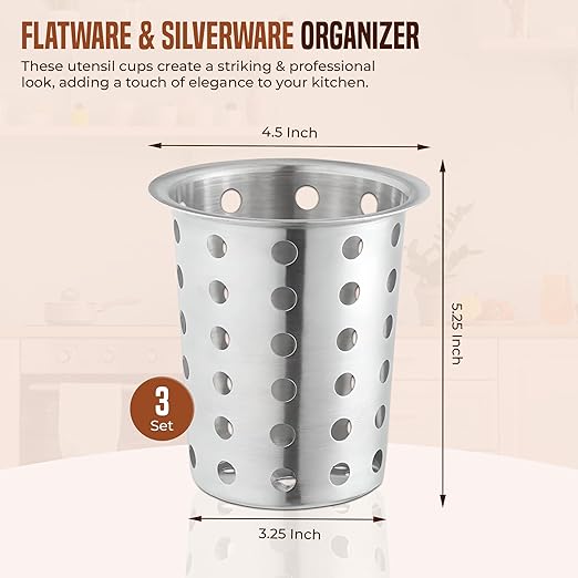 OCS Parts Stainless Steel Utensil Drying Cups | Stainless Steel | Set of 3 | Perforated Kitchen Flatware and Silverware Holder