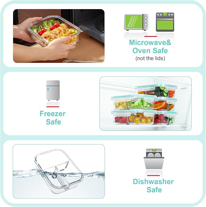 BAYZZ 5 Pack 35 Oz Glass Meal Prep Containers 3 Compartments, Glass Food Storage Containers with Lids, Airtight Bento Box Lunch Container-Microwave, Freezer, Dishwasher Safe,Green