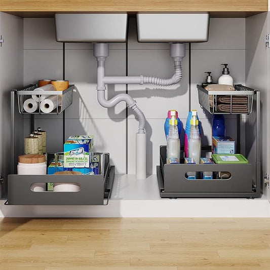 Under Sink Organizer, 2 Tier Under Sink Organizers and Storage Multi-Purpose Under Sink Storage for Bathroom Kitchen (Black)
