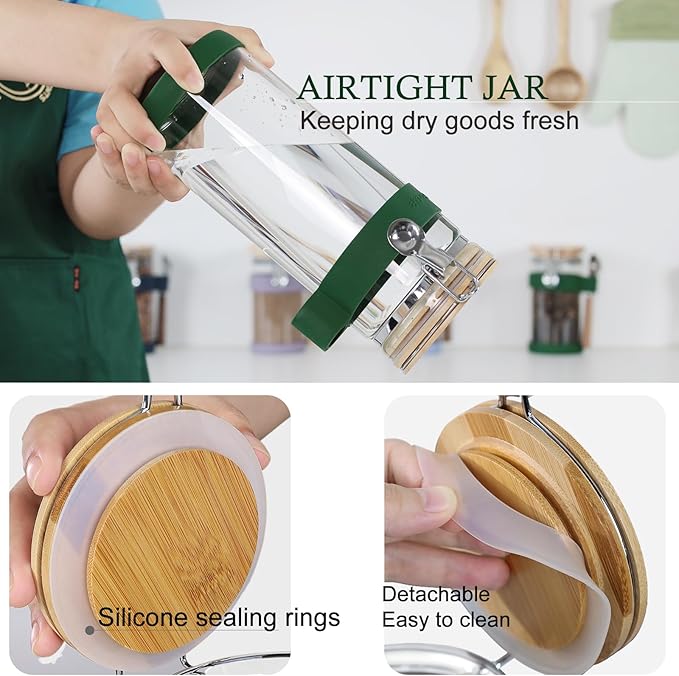 KKC HOME ACCENTS Air tight Glass Food Storage Canister with Lid and Scoop, Airtight Sealed Glass Container with Clamp Lid for Ground Coffee or Beans,Loose Tea,Brown Sugar,50 Fluid Ounce
