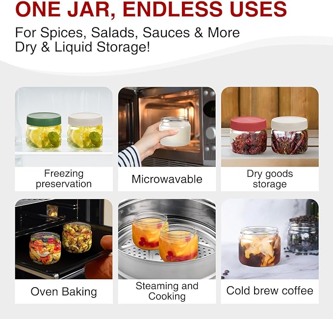 10oz Borosilicate Glass Jars with Lids - Freezer to Oven Safe(-4°F to 446°F), Airtight Meal Prep Containers for Overnight Oats, Snacks, Coffee, Microwave & Dishwasher Safe (6pack)