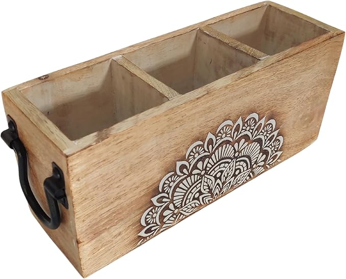 VANIYA CRAFTSR® Handmade Wooden Carved Design Compartments Cutlery Utensil Holder For Napkins, Spoons, Forks, Tissues, Knife (Natural White Finish)